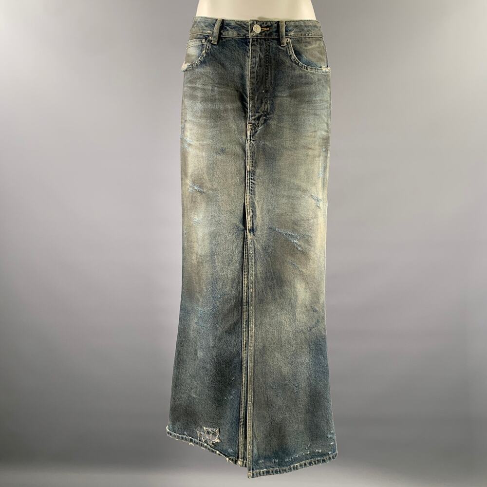 BALENCIAGA Size 2 Blue Mud Wash Cotton Denim Maxi Skirt